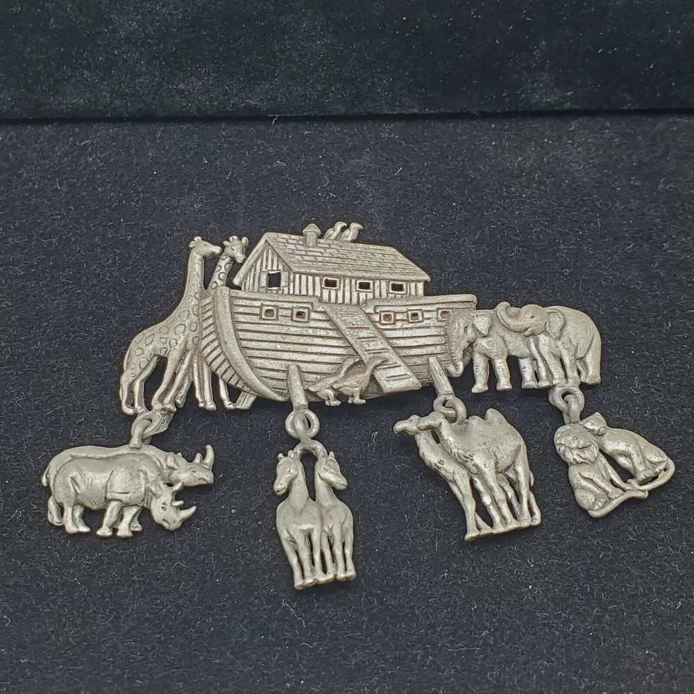 JJ Stamped Noahs Ark Brooch Pin Dangling Animals Lion Giraffe Elephant Rhino Etc